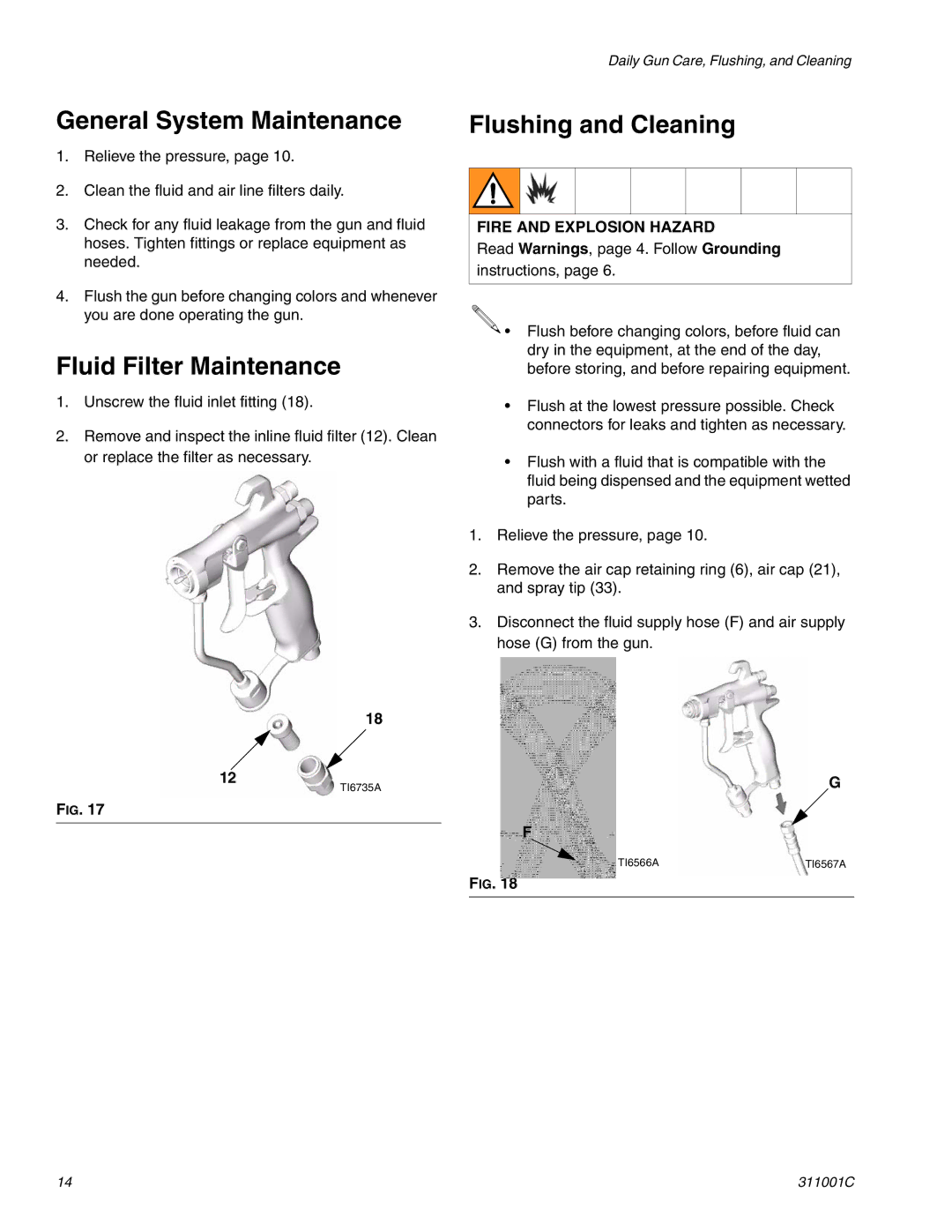 Graco Inc 311001C important safety instructions General System Maintenance, Fluid Filter Maintenance, Flushing and Cleaning 