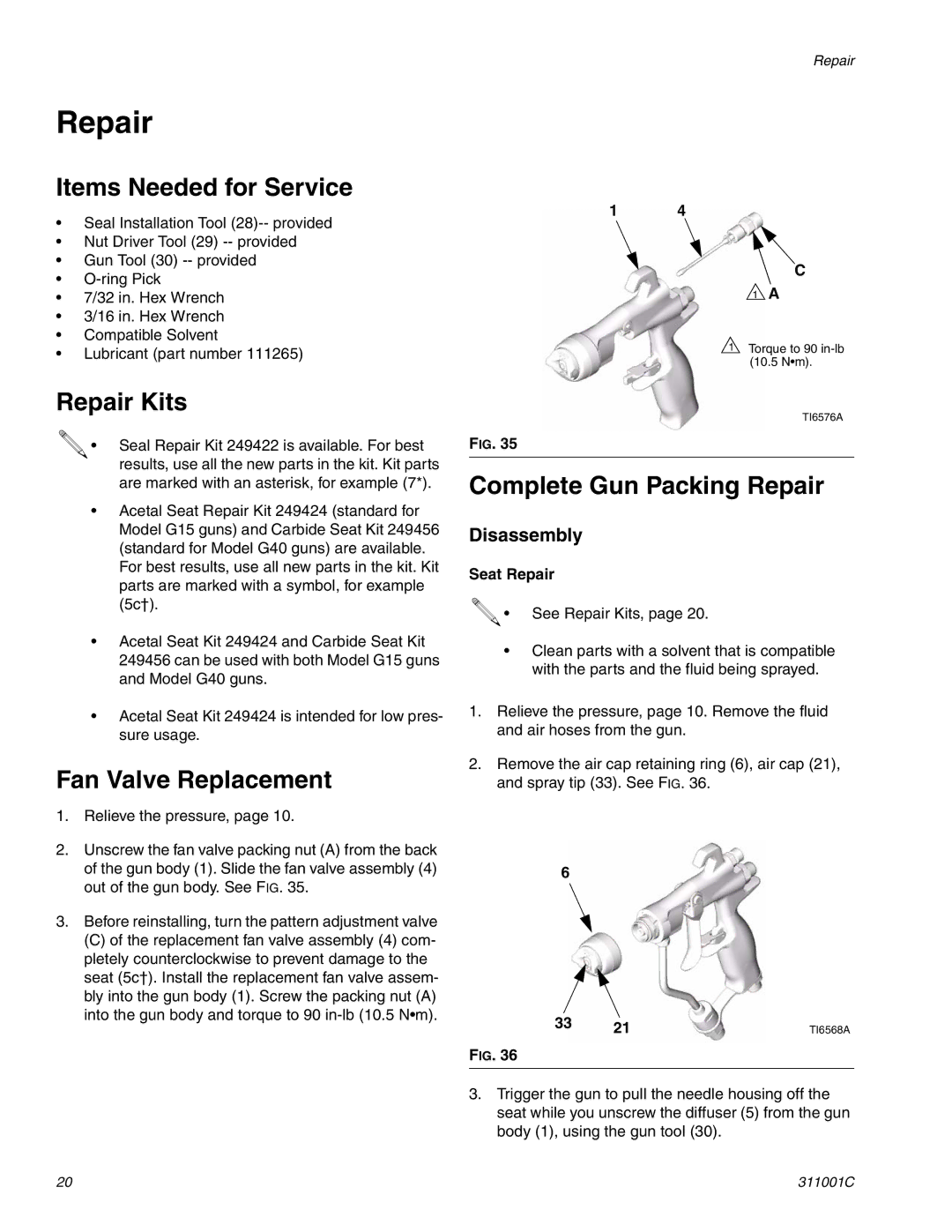 Graco Inc 311001C Items Needed for Service, Repair Kits, Fan Valve Replacement, Complete Gun Packing Repair 