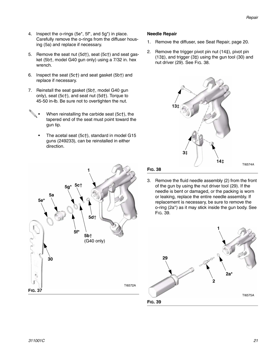 Graco Inc 311001C important safety instructions 5g* 5c† 5d† 5b†, Needle Repair, 13‡ 14‡ 