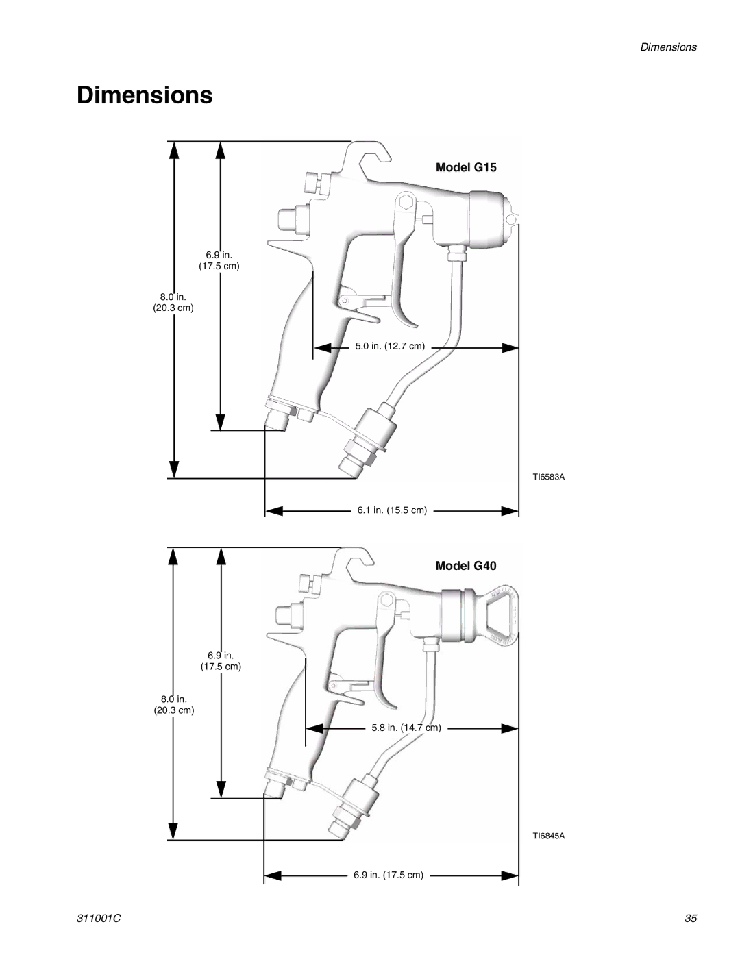 Graco Inc 311001C important safety instructions Dimensions, Model G15 