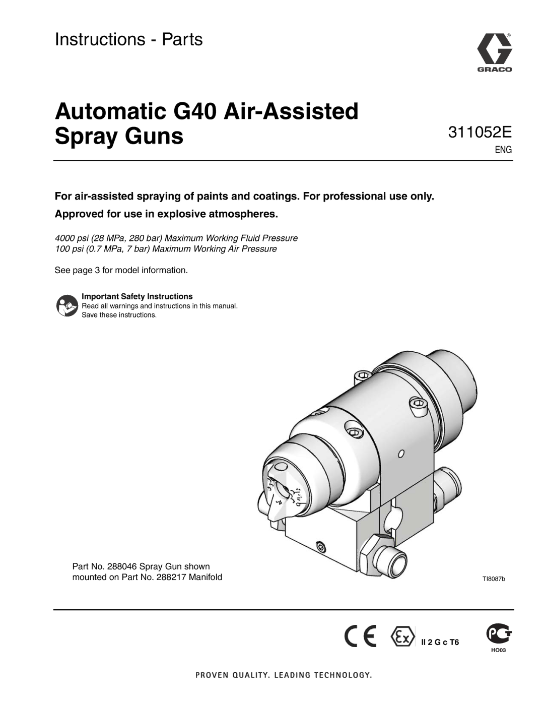 Graco Inc 288046, 311052E, 288217 important safety instructions Automatic G40 Air-Assisted Spray Guns 