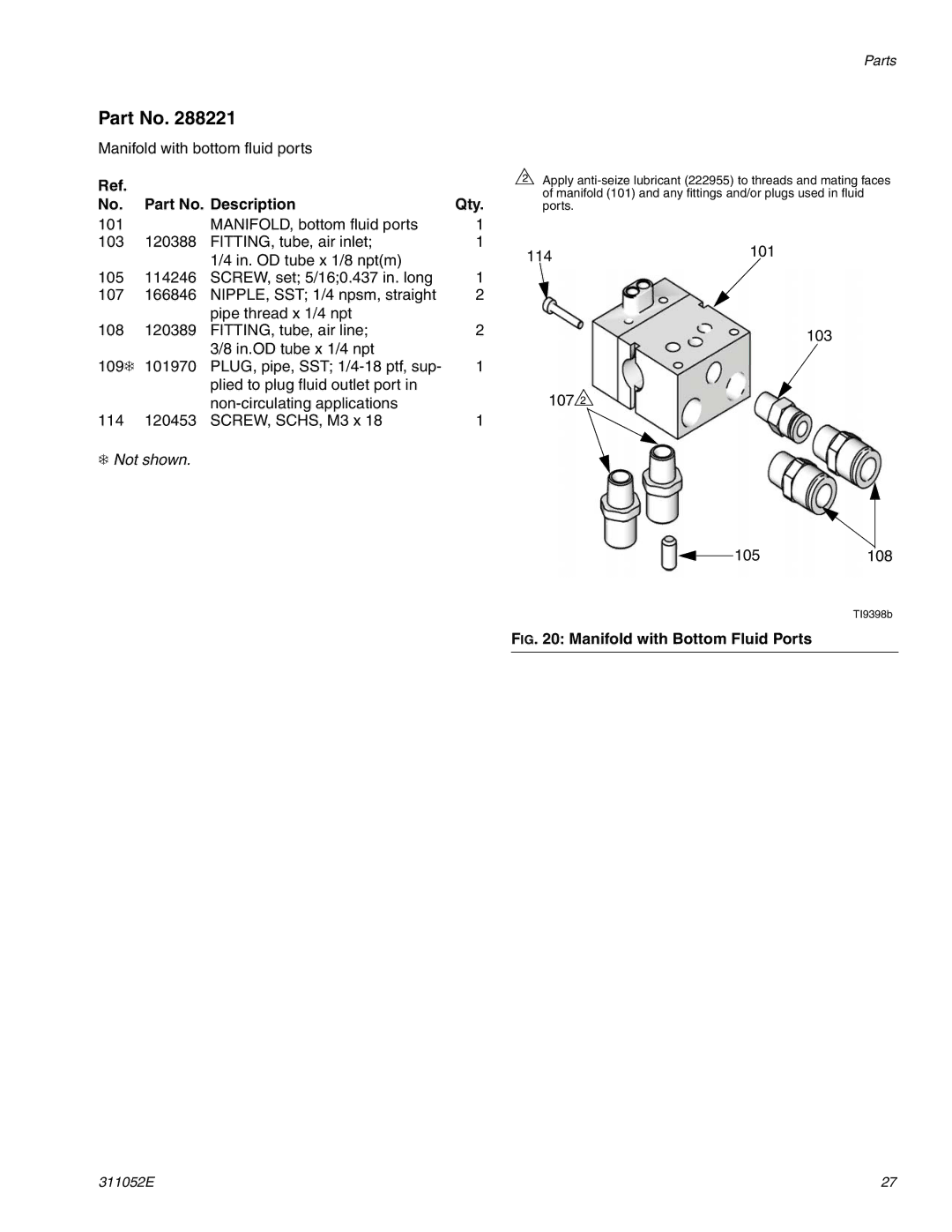 Graco Inc G40, 311052E, 288046, 288217 Part No. Description Qty, Manifold with Bottom Fluid Ports 