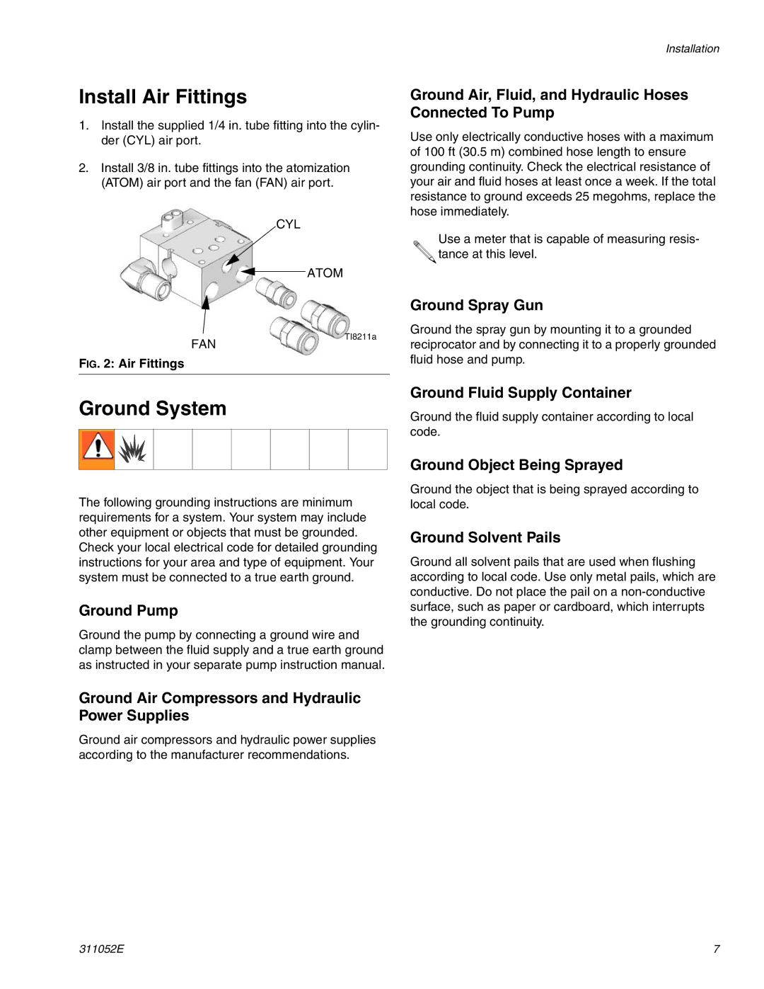 Graco Inc G40, 311052E, 288046, 288217 important safety instructions Install Air Fittings, Ground System 