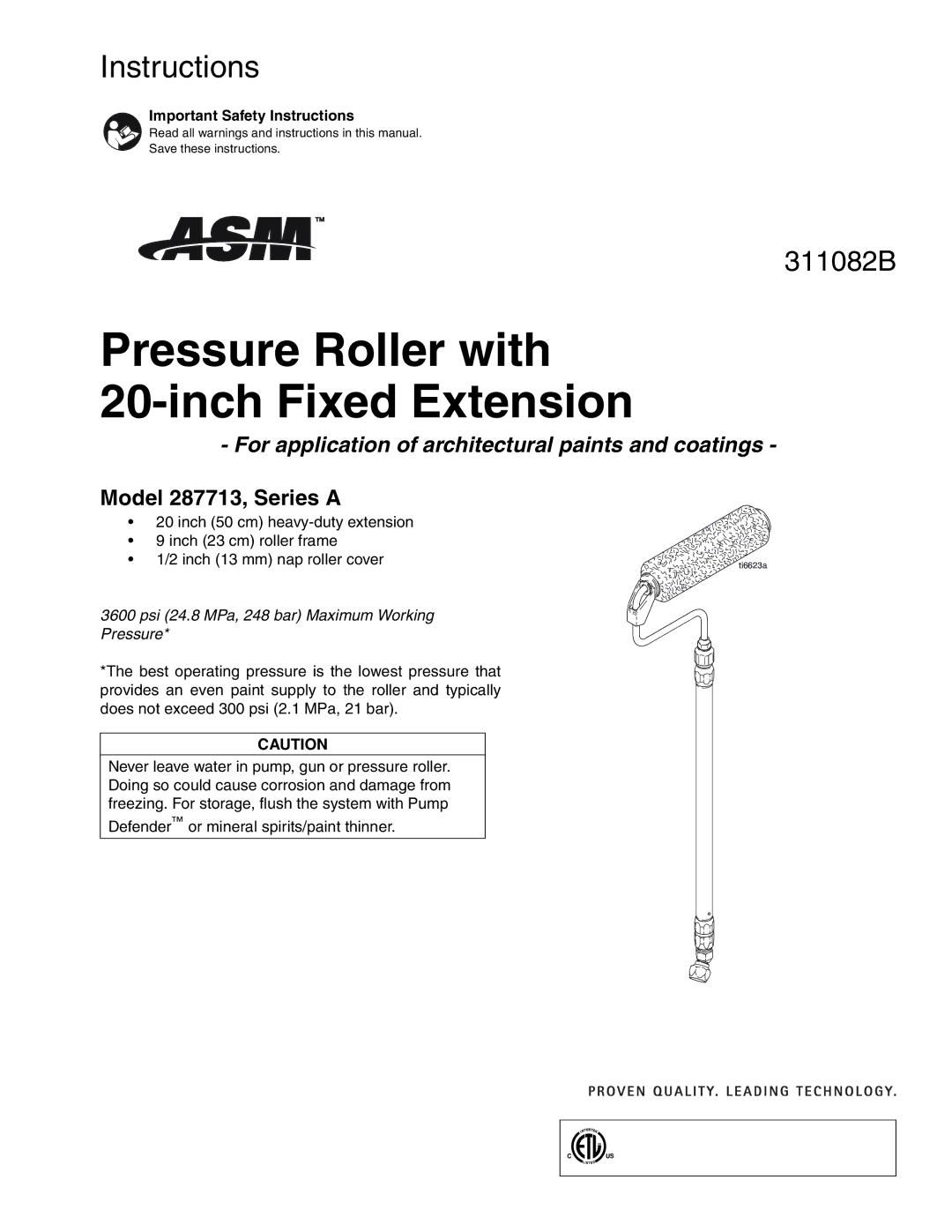 Graco Inc 287713 important safety instructions Pressure Roller with Inch Fixed Extension, Important Safety Instructions 