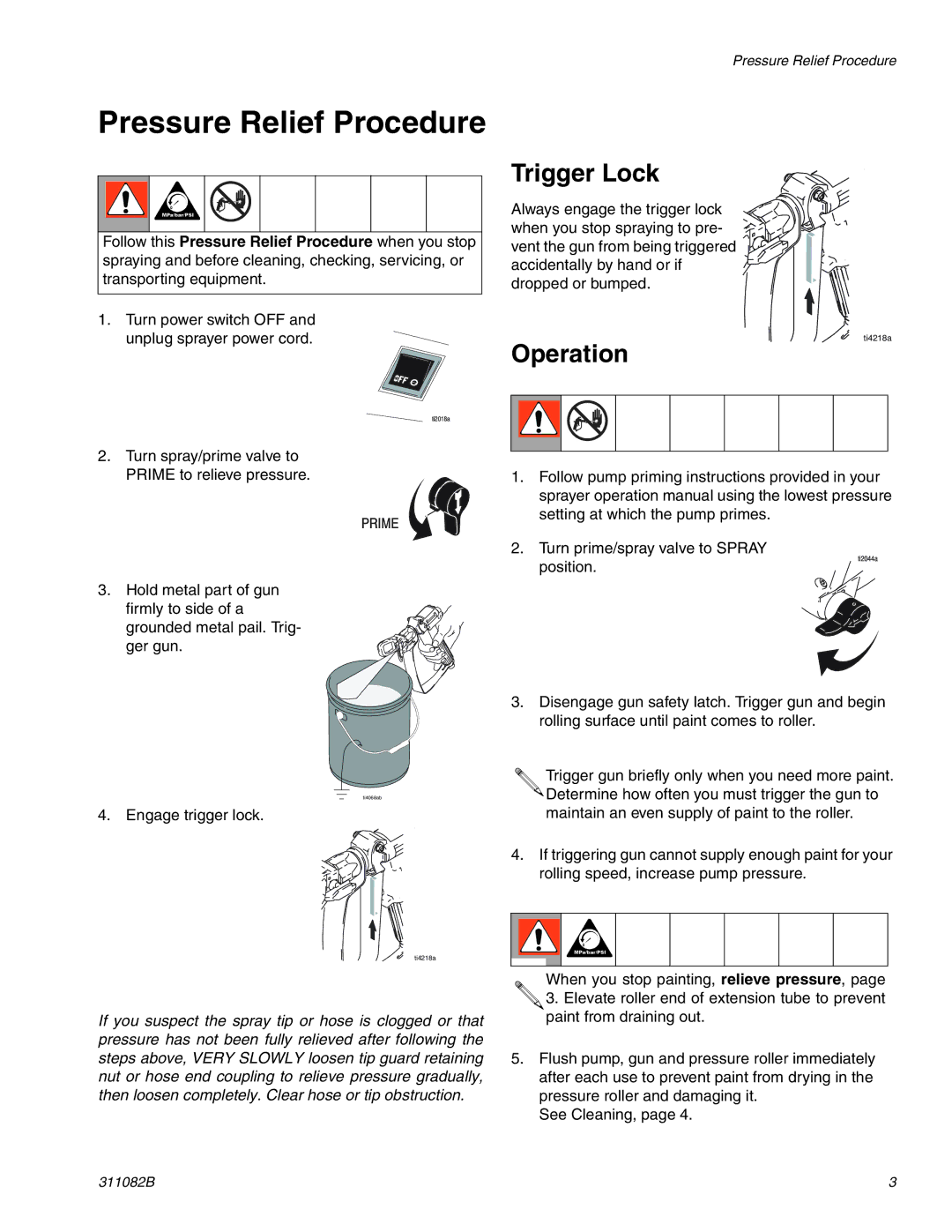 Graco Inc 311082B, 287713 important safety instructions Pressure Relief Procedure, Trigger Lock, Operation 