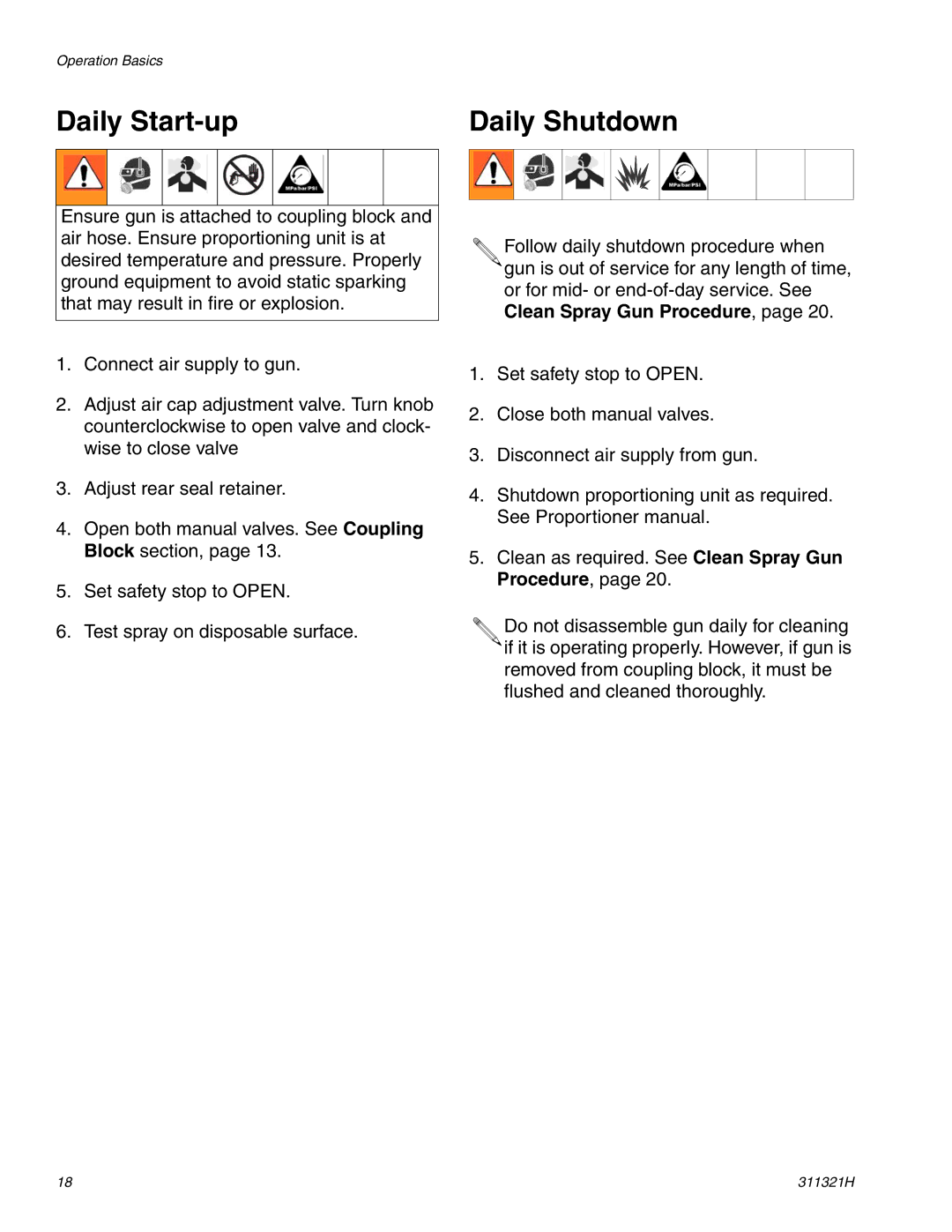 Graco Inc GX-7 DI, 311321H, GX-7 400, GX-7A important safety instructions Daily Start-up, Daily Shutdown 