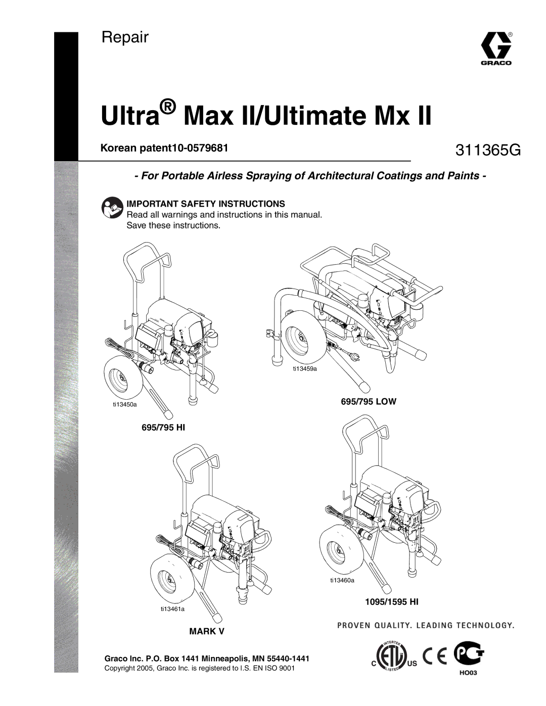 Graco Inc ti13460a, 311365G important safety instructions Korean patent10-0579681, Important Safety Instructions, Mark 