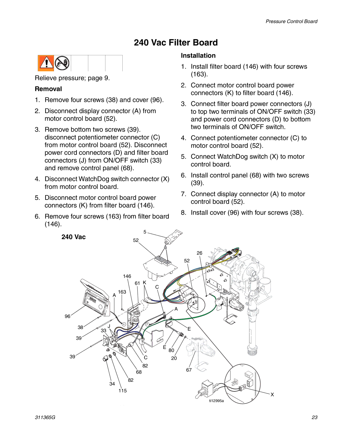 Graco Inc ti13450a, 311365G, ti13460a, ti13459a, ti13461a important safety instructions Vac Filter Board, 240 Vac 