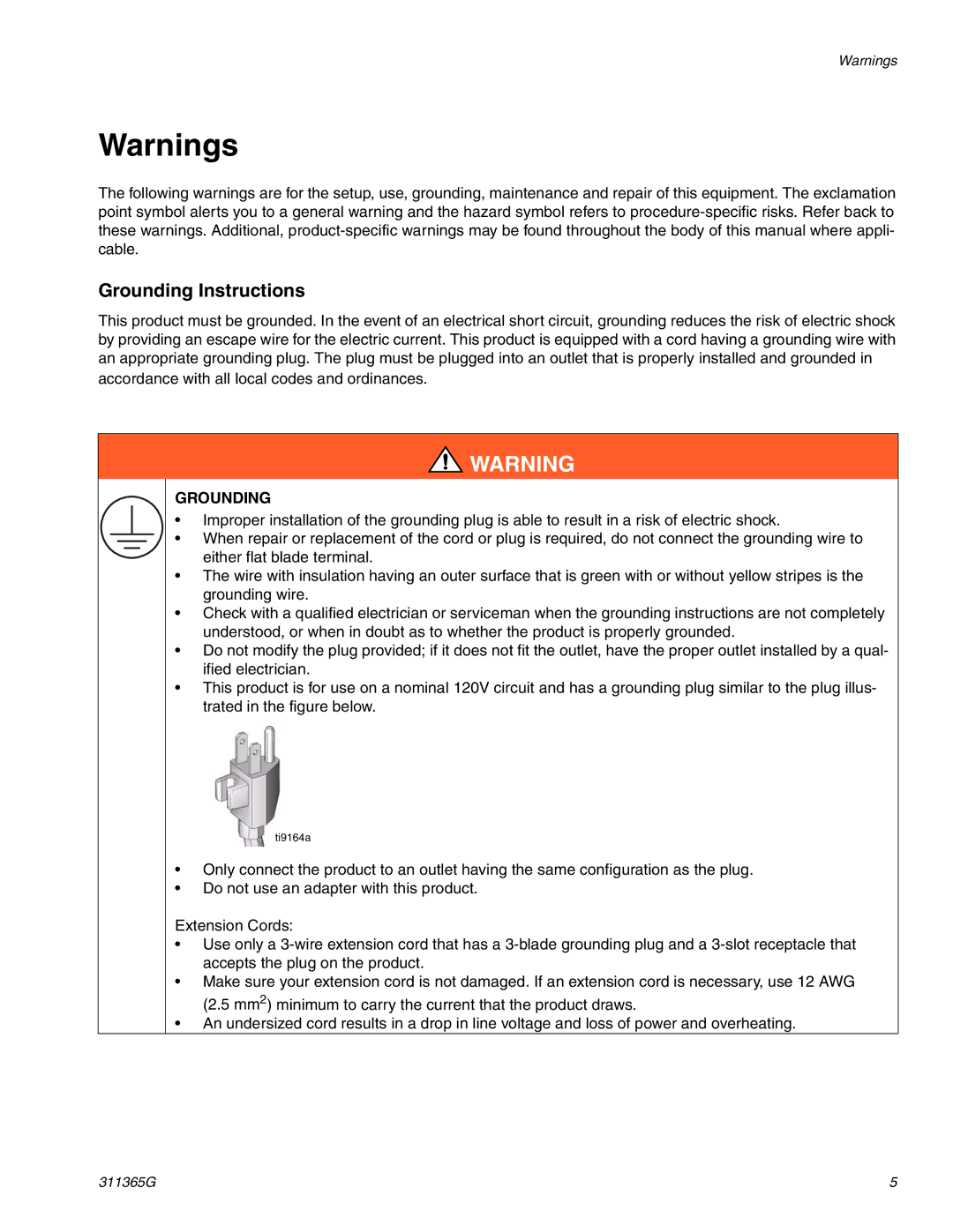 Graco Inc 311365G, ti13460a, ti13459a, ti13450a, ti13461a important safety instructions Grounding Instructions 