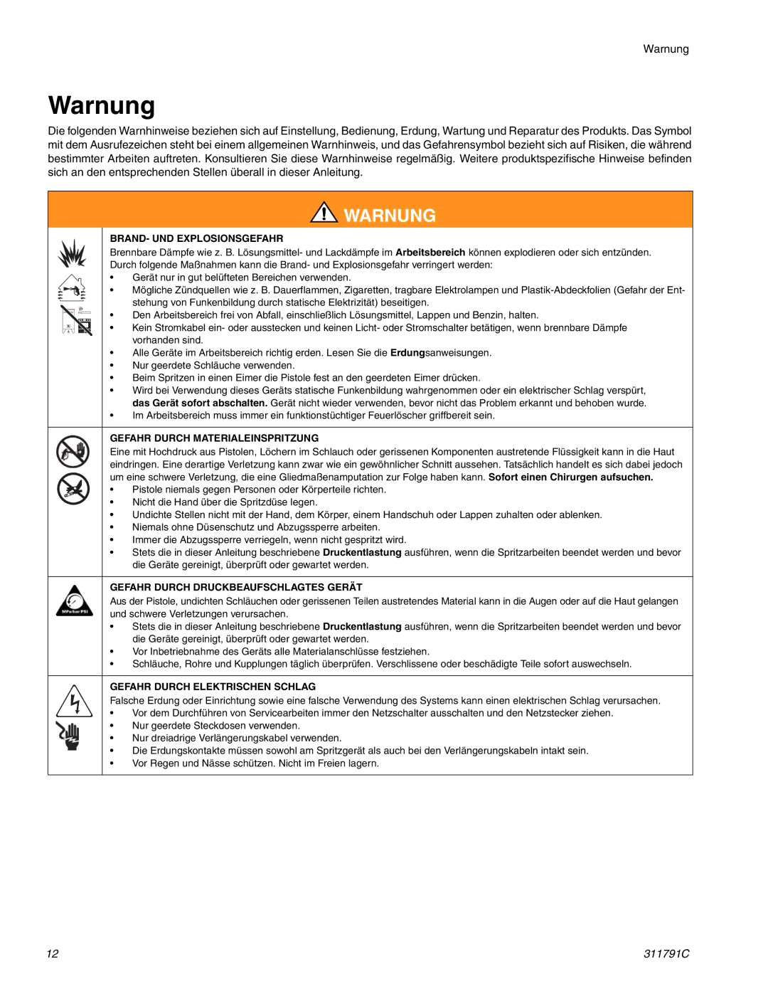 Graco Inc 311791C BRAND- UND Explosionsgefahr, Gefahr Durch Materialeinspritzung, Gefahr Durch Druckbeaufschlagtes Gerät 