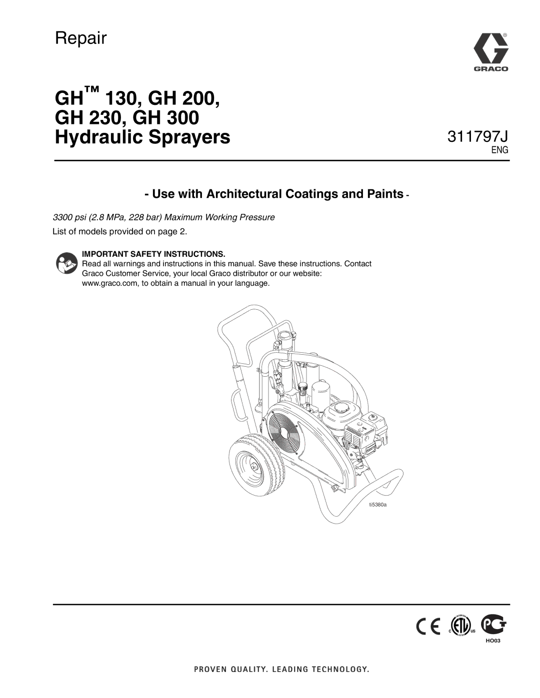 Graco Inc 311797J important safety instructions GH 130, GH GH 230, GH Hydraulic Sprayers 