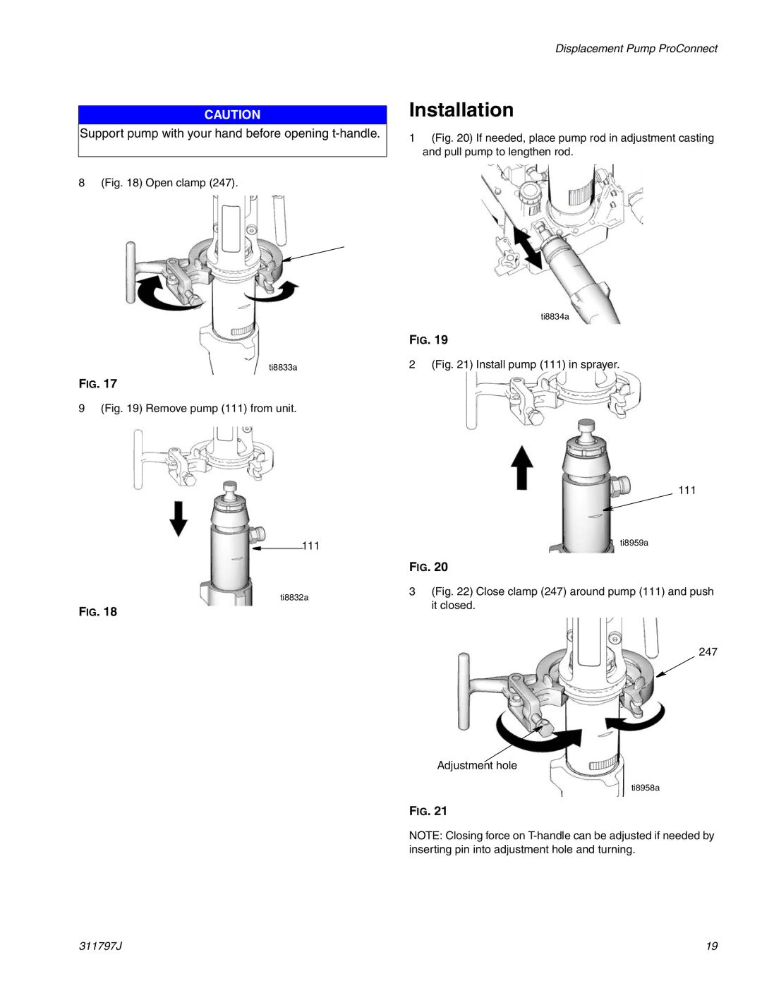 Graco Inc 311797J important safety instructions Support pump with your hand before opening t-handle 