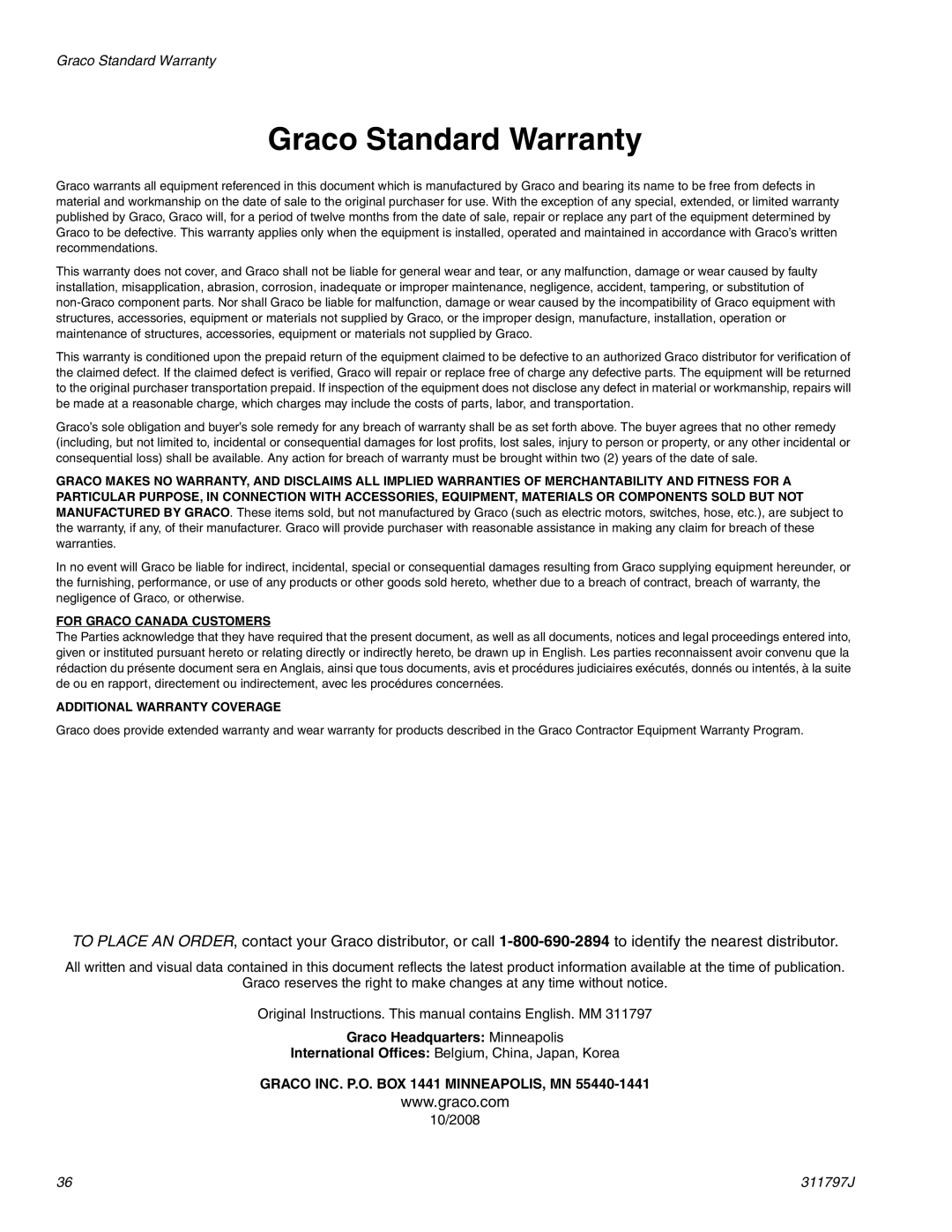 Graco Inc 311797J important safety instructions Graco Standard Warranty, For Graco Canada Customers 