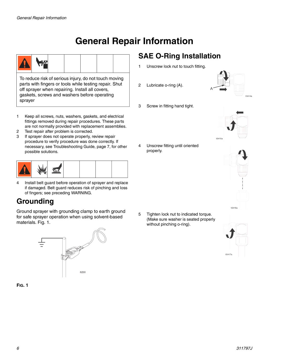 Graco Inc 311797J important safety instructions General Repair Information, Grounding SAE O-Ring Installation 