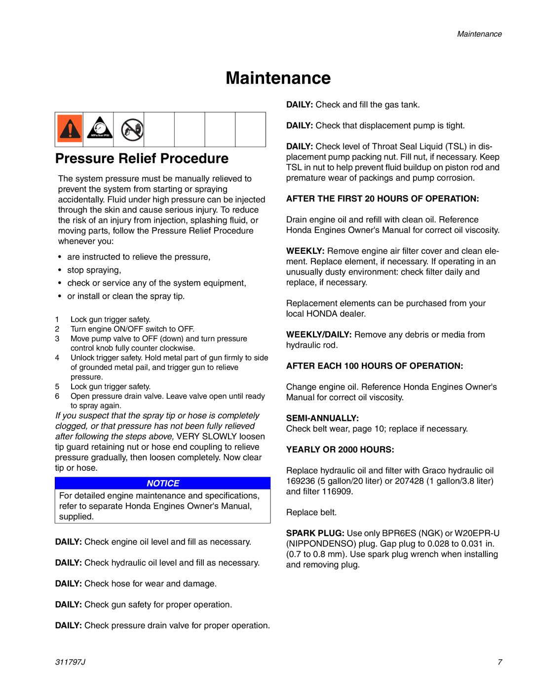 Graco Inc 311797J important safety instructions Maintenance, Pressure Relief Procedure 