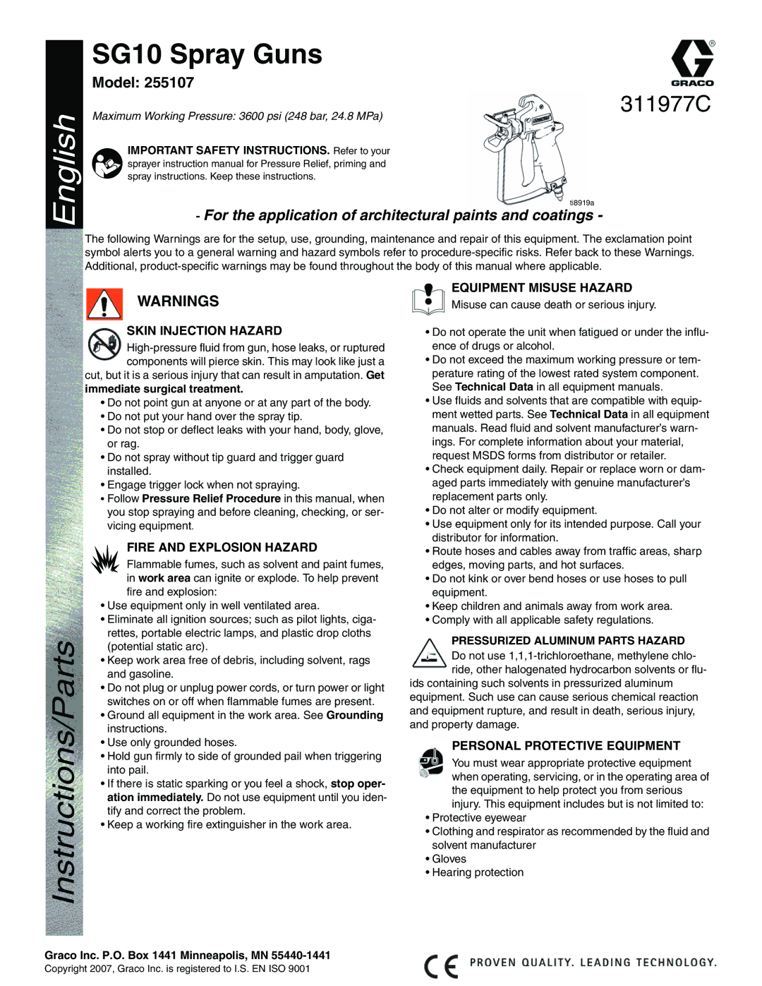 Graco Inc 255107, 311977C, SG10 important safety instructions Model, Important Safety INSTRUCTIONS. Refer to your 