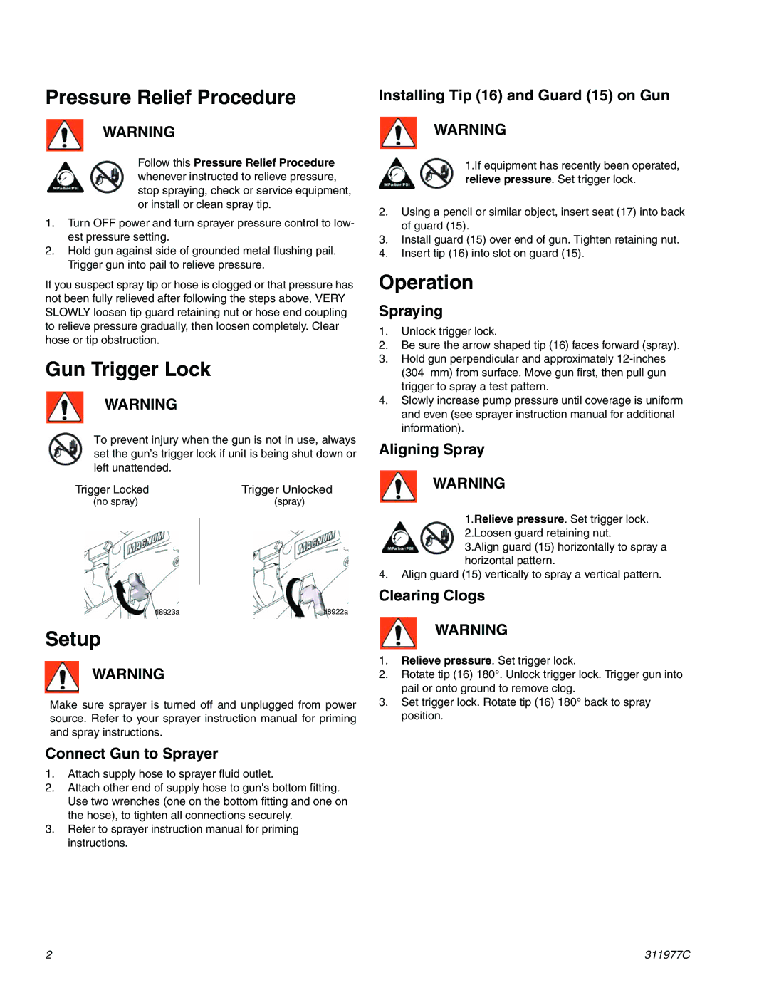 Graco Inc SG10, 311977C, 255107 important safety instructions Pressure Relief Procedure, Gun Trigger Lock, Setup, Operation 