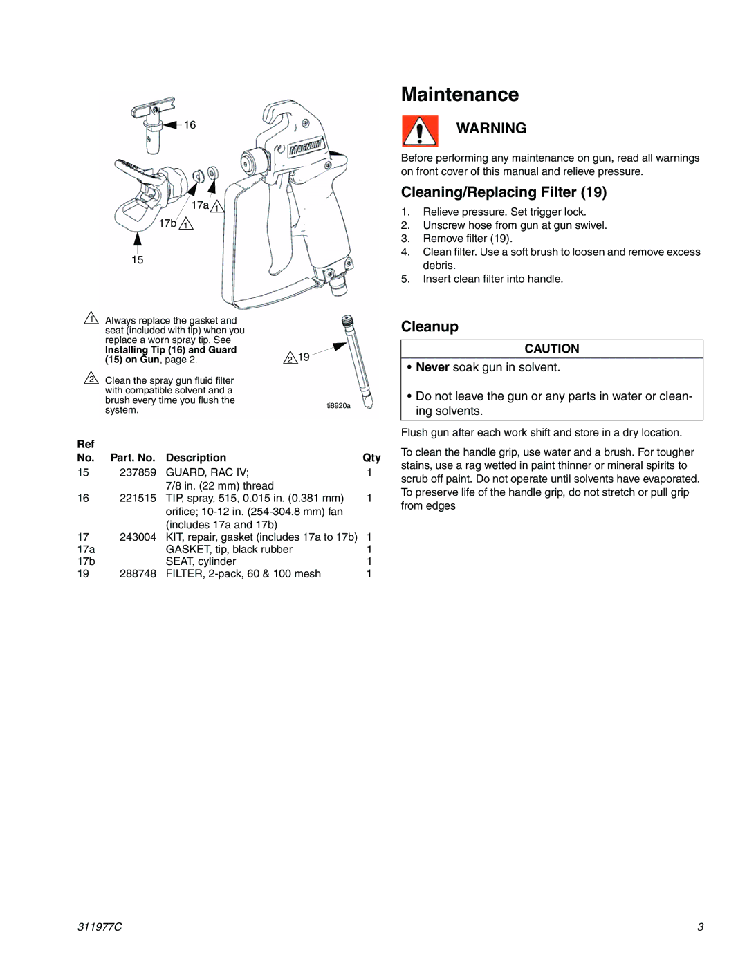 Graco Inc 311977C, 255107, SG10 Maintenance, Cleaning/Replacing Filter, Cleanup, Part. No Description Qty 