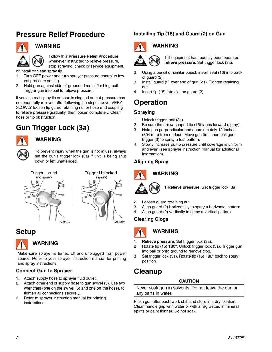 Graco Inc 255108, 311979E, 255109, SGPro, SG20 Pressure Relief Procedure, Gun Trigger Lock 3a, Setup, Operation, Cleanup 