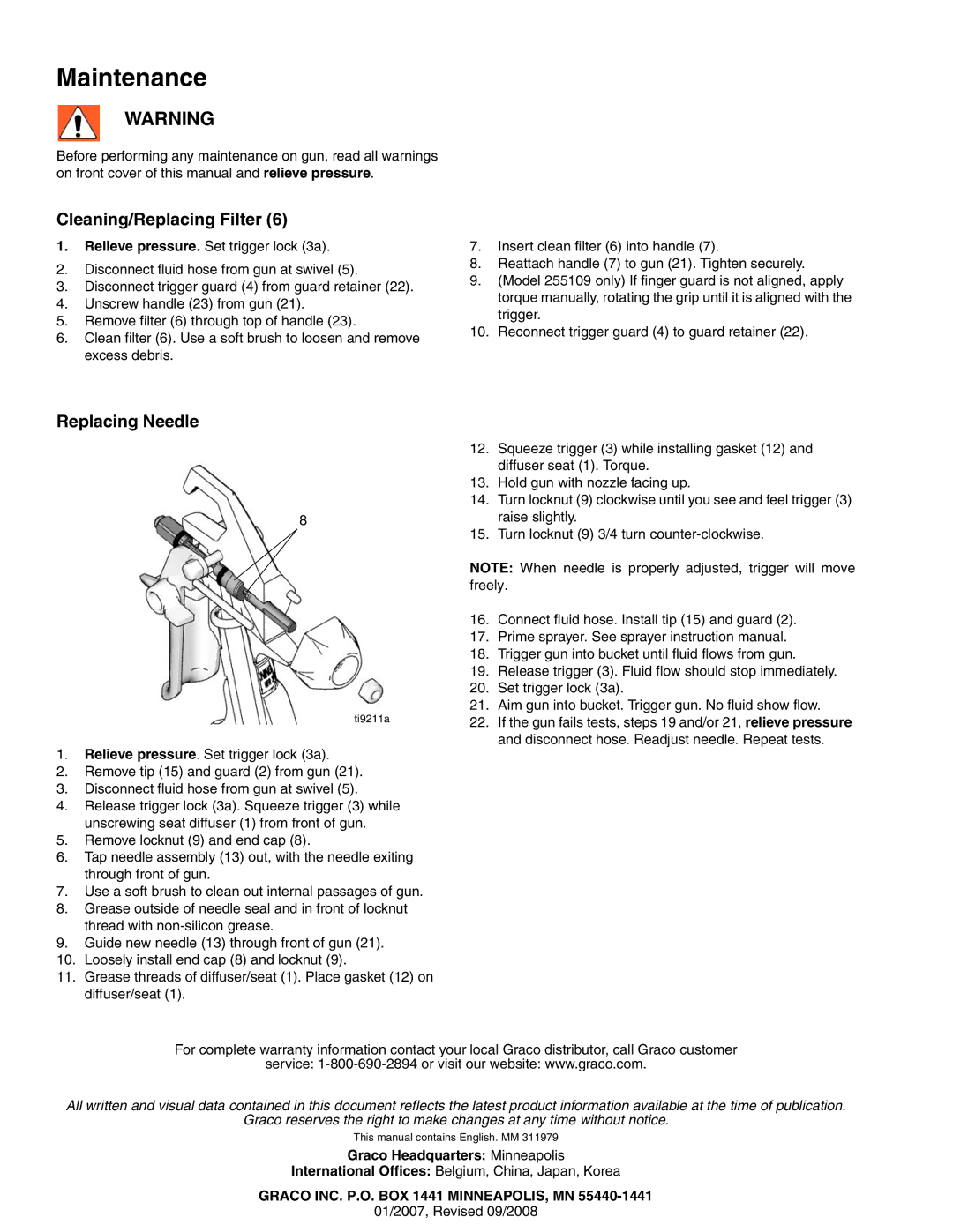 Graco Inc SG20, 311979E, 255109 Maintenance, Cleaning/Replacing Filter, Replacing Needle, Graco Headquarters Minneapolis 