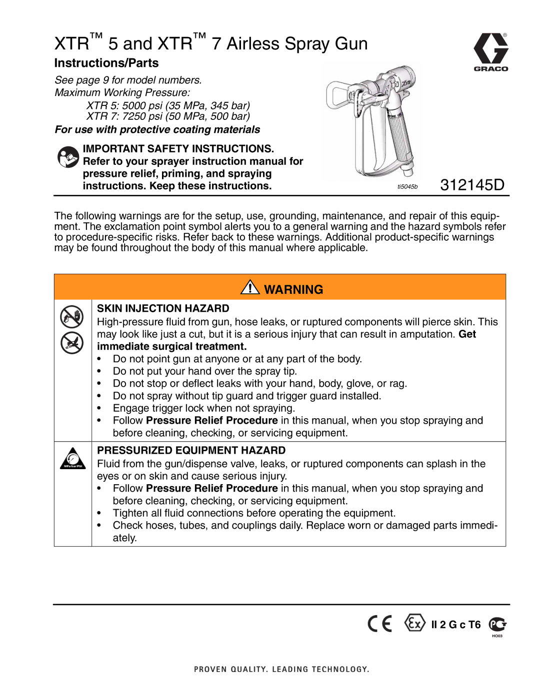 Graco Inc 312145D important safety instructions Instructions/Parts, Skin Injection Hazard, Immediate surgical treatment 