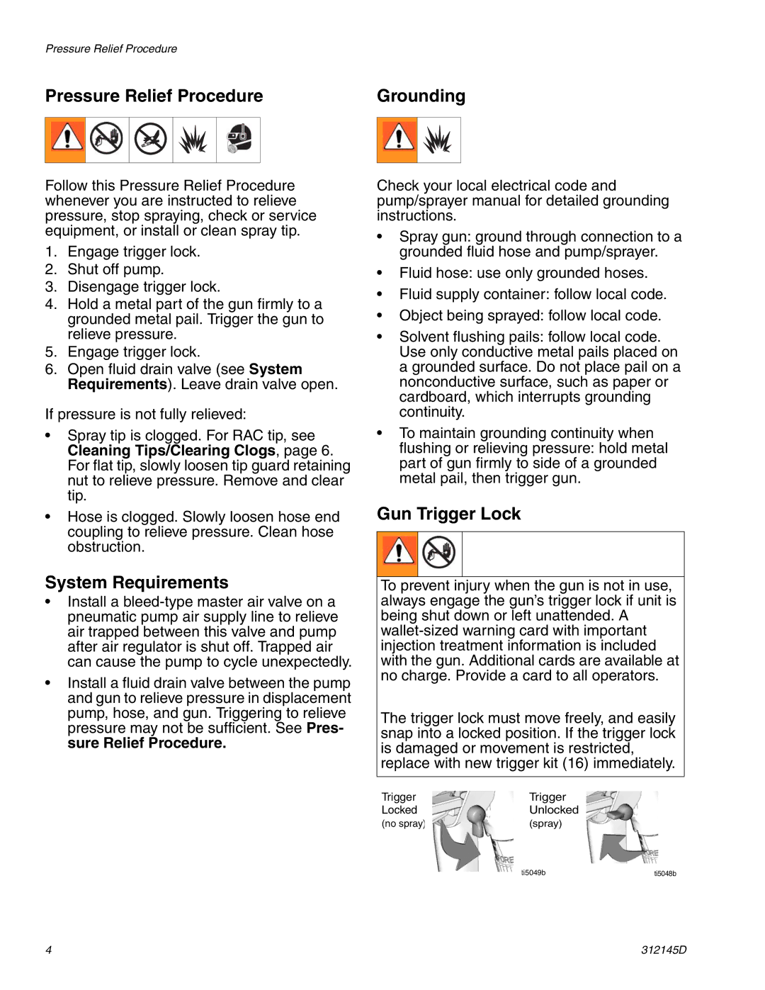 Graco Inc 312145D important safety instructions Pressure Relief Procedure, System Requirements, Grounding, Gun Trigger Lock 