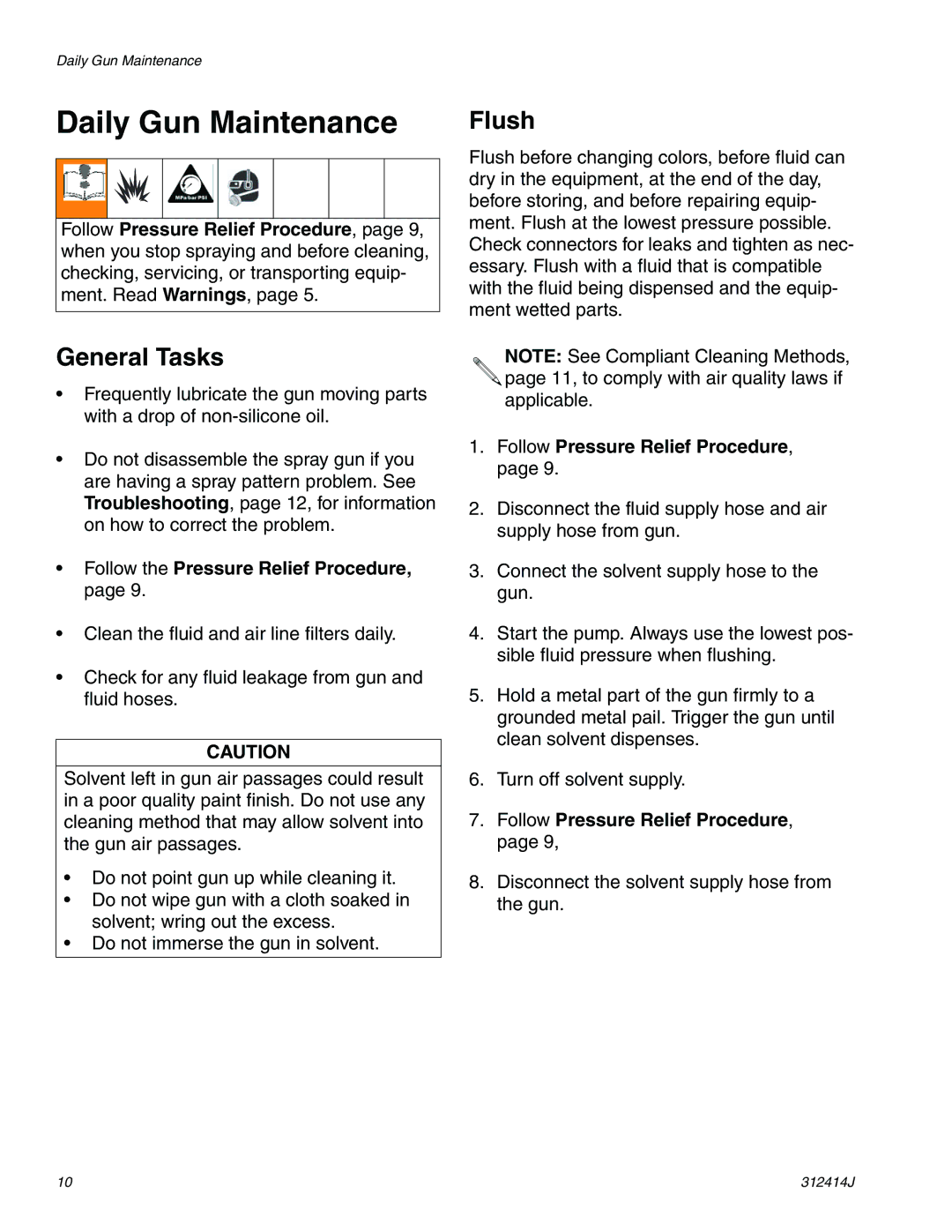 Graco Inc 312414J important safety instructions Daily Gun Maintenance, General Tasks, Flush 