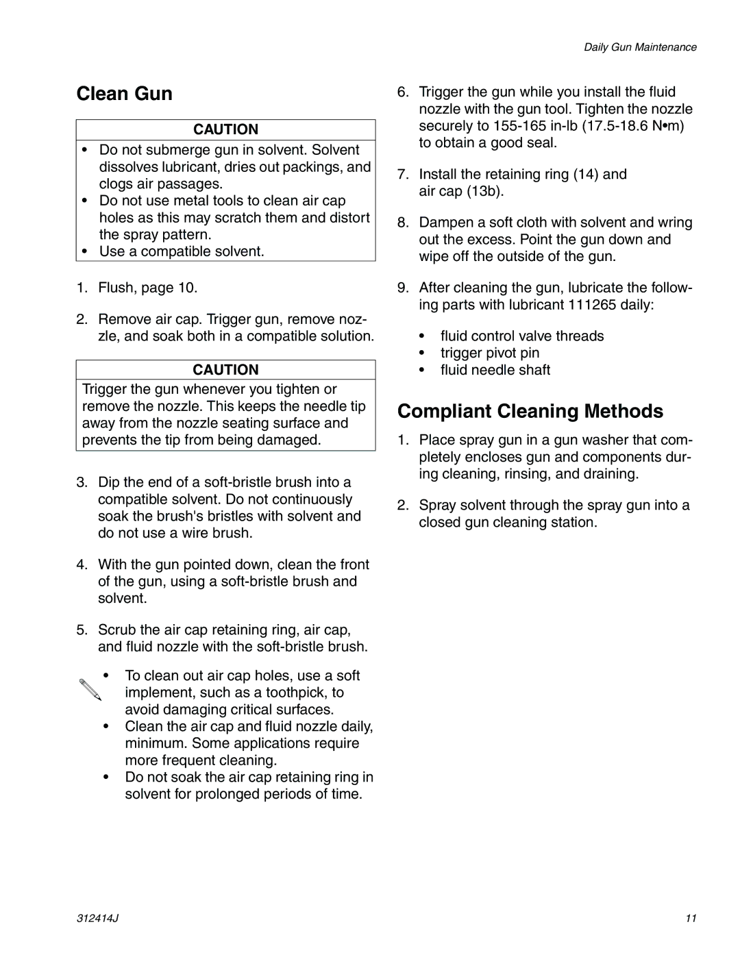 Graco Inc 312414J important safety instructions Clean Gun, Compliant Cleaning Methods 