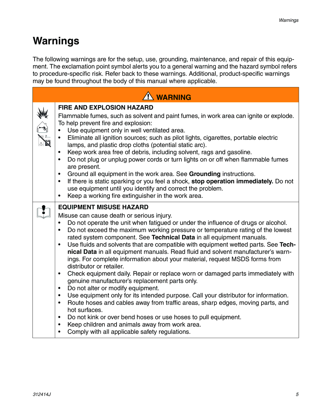 Graco Inc 312414J important safety instructions Fire and Explosion Hazard 