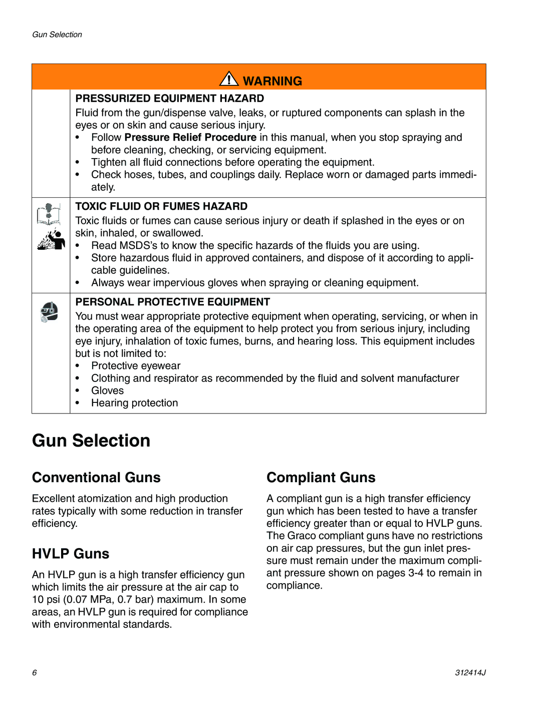 Graco Inc 312414J important safety instructions Gun Selection, Conventional Guns, Hvlp Guns, Compliant Guns 