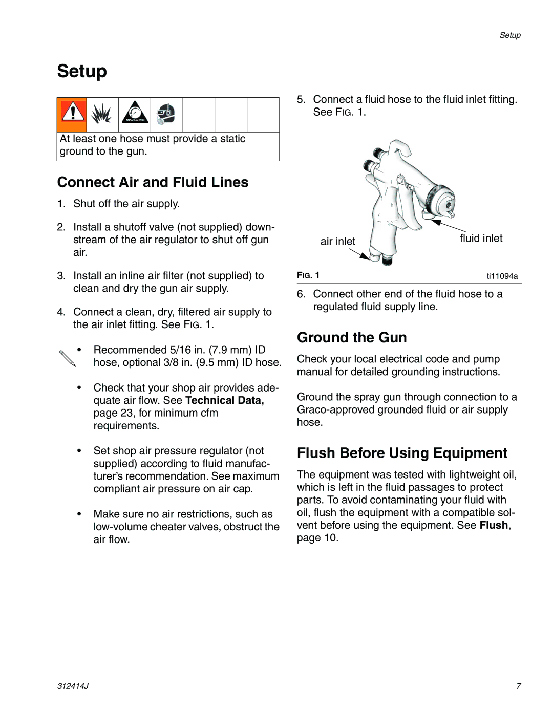 Graco Inc 312414J Setup, Connect Air and Fluid Lines, Ground the Gun, Flush Before Using Equipment, Air inlet Fluid inlet 