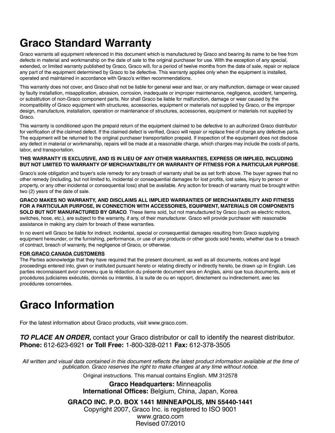 Graco Inc 312578H important safety instructions Graco Standard Warranty, Graco Information, Graco Headquarters Minneapolis 