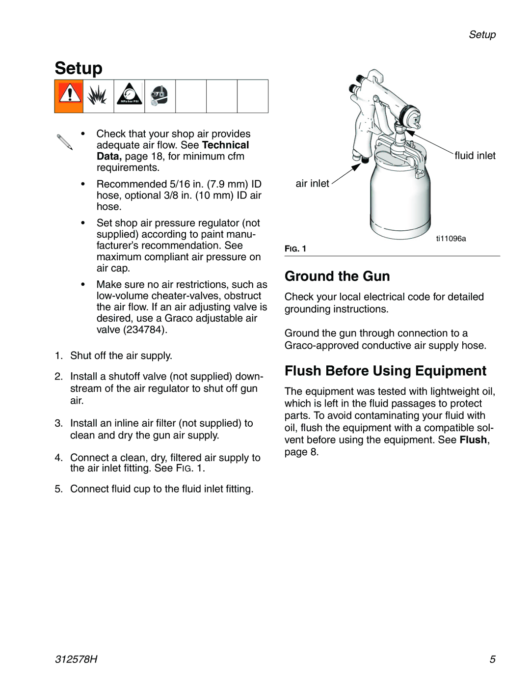 Graco Inc 312578H important safety instructions Setup, Ground the Gun, Flush Before Using Equipment 