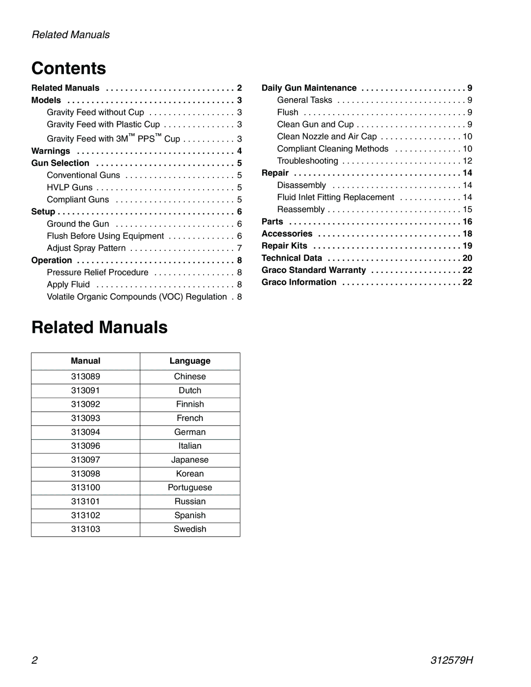 Graco Inc 312579H important safety instructions Contents, Related Manuals 