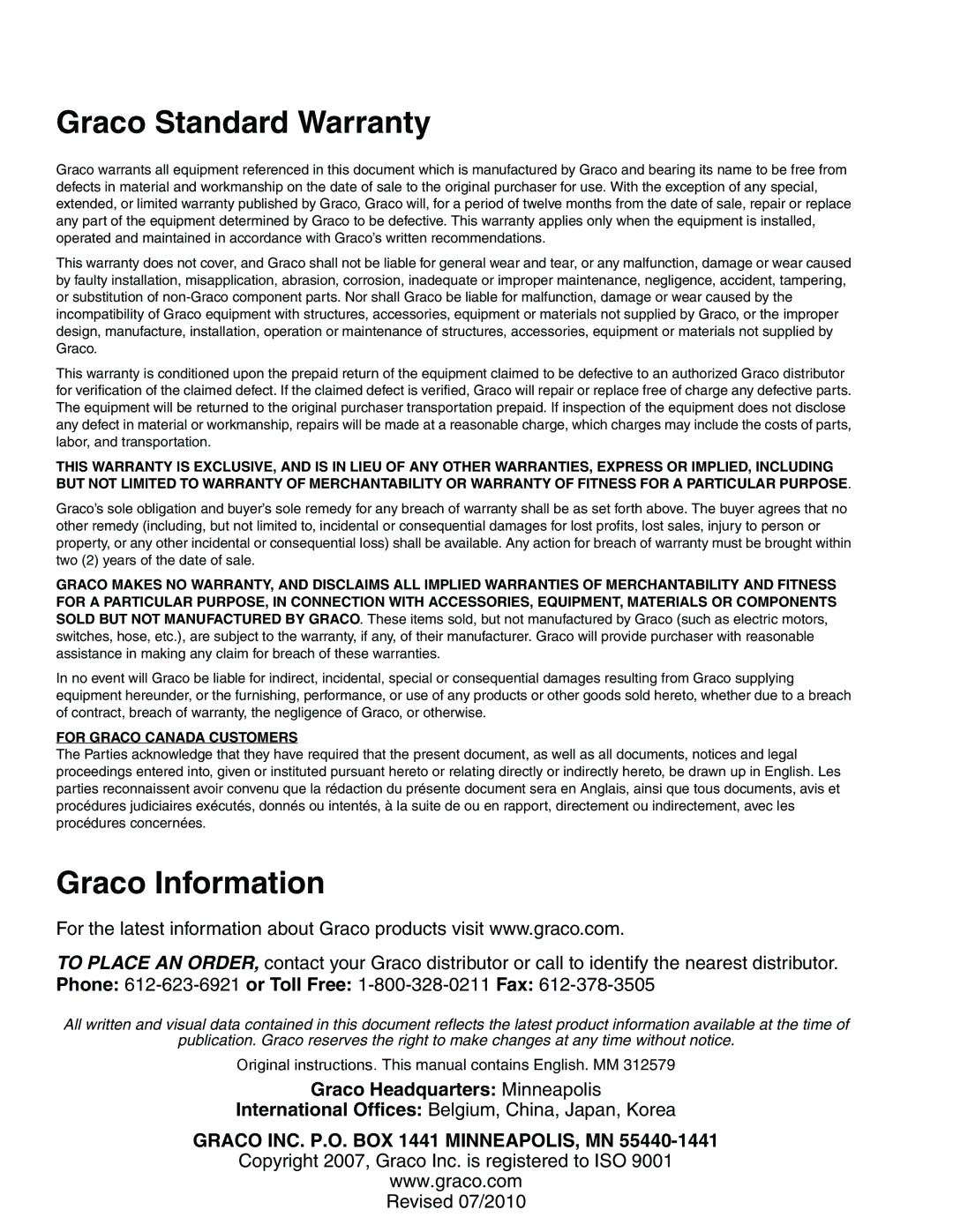 Graco Inc 312579H Graco Standard Warranty, Graco Information, Graco Headquarters Minneapolis 