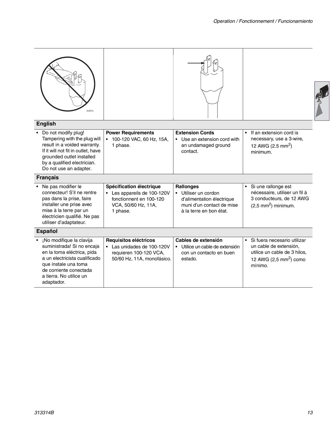 Graco Inc 300E, 313314B Power Requirements, Extension Cords, Spécification électrique, Rallonges, Requisitos eléctricos 