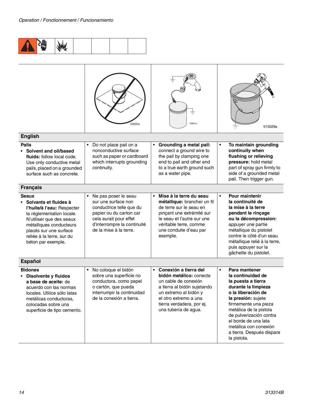 Graco Inc 313314B, 300E important safety instructions Pails, Bidones, Tierra. Después dispare la pistola 