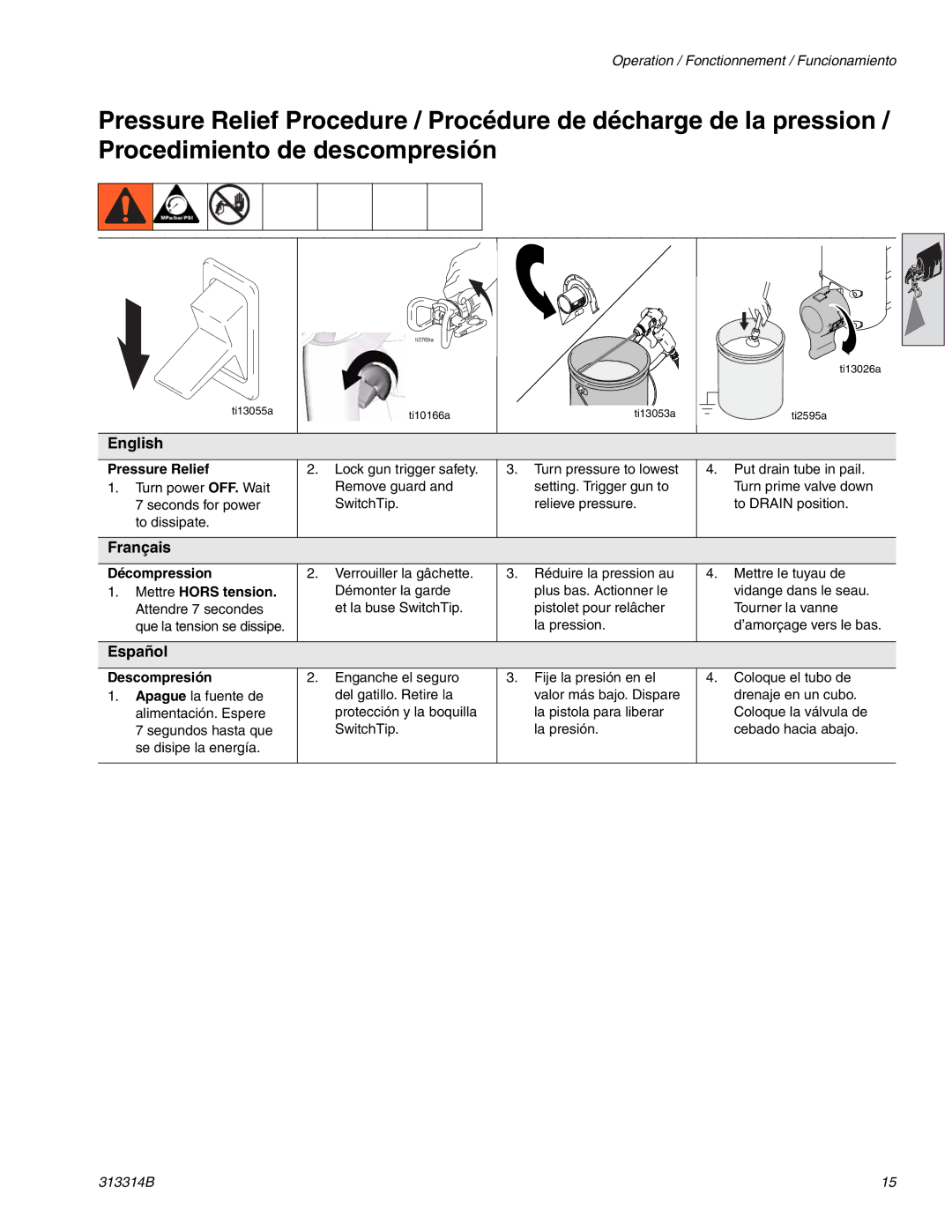 Graco Inc 300E, 313314B important safety instructions Pressure Relief, Décompression, Descompresión 