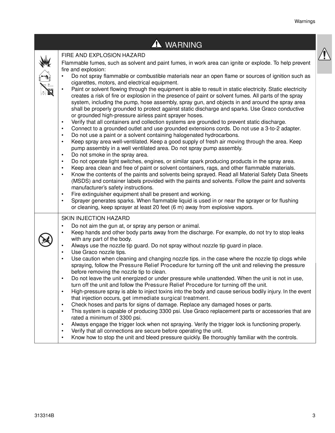 Graco Inc 300E, 313314B important safety instructions Fire and Explosion Hazard, Skin Injection Hazard 