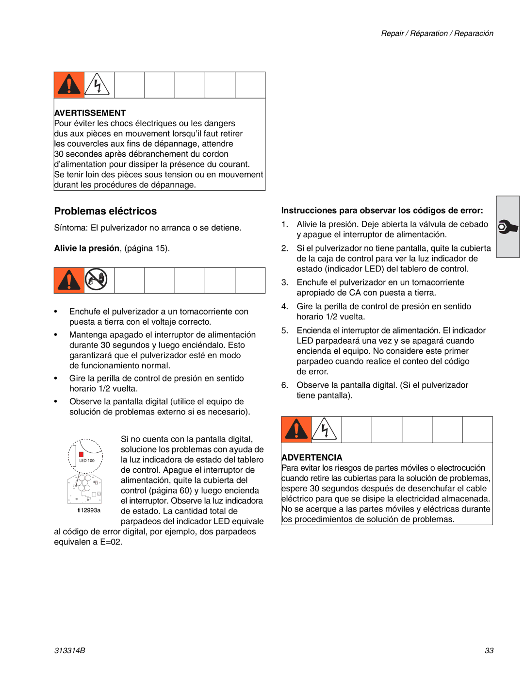 Graco Inc 300E, 313314B Problemas eléctricos, Avertissement, Alivie la presión, página, Advertencia 