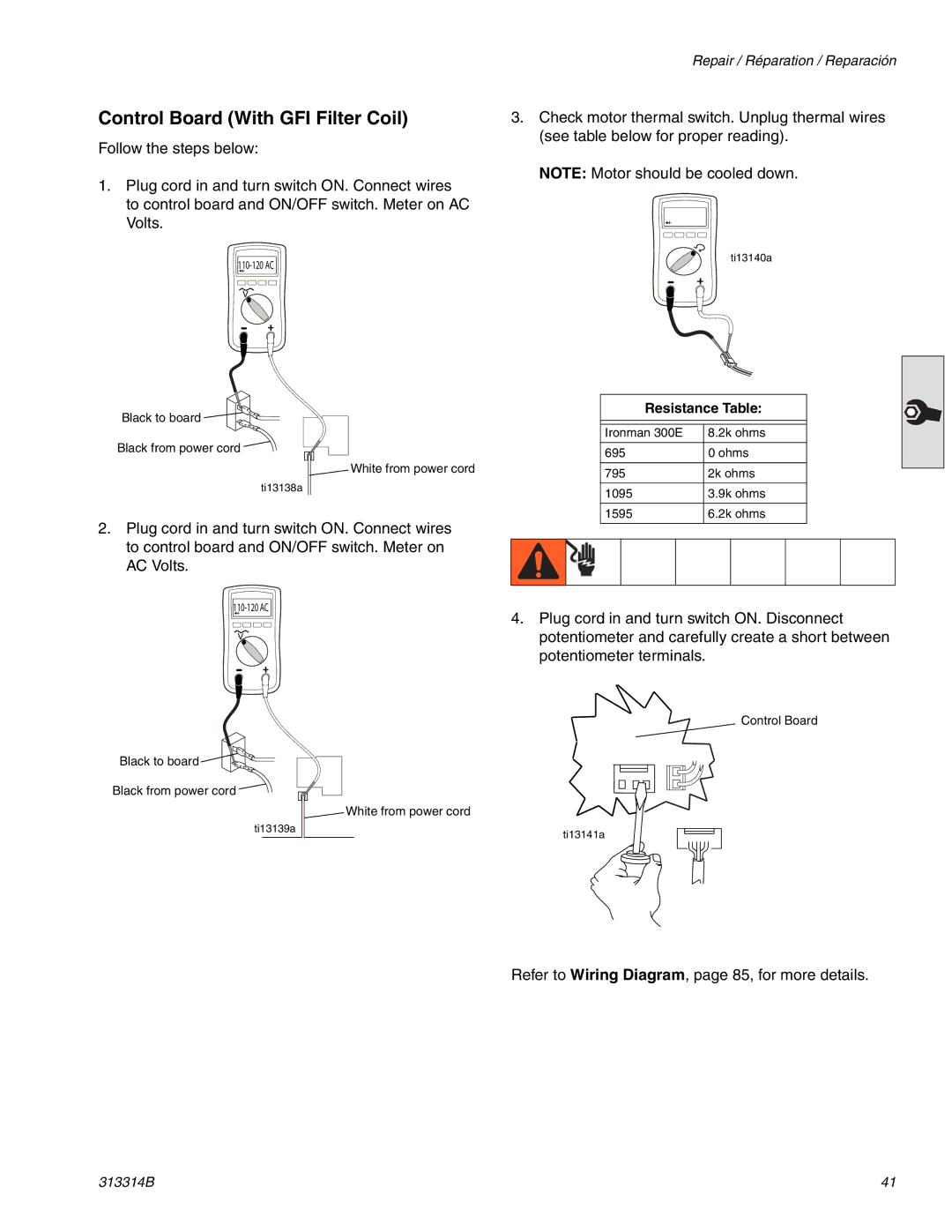 Graco Inc 300E, 313314B important safety instructions Control Board With GFI Filter Coil, Resistance Table 