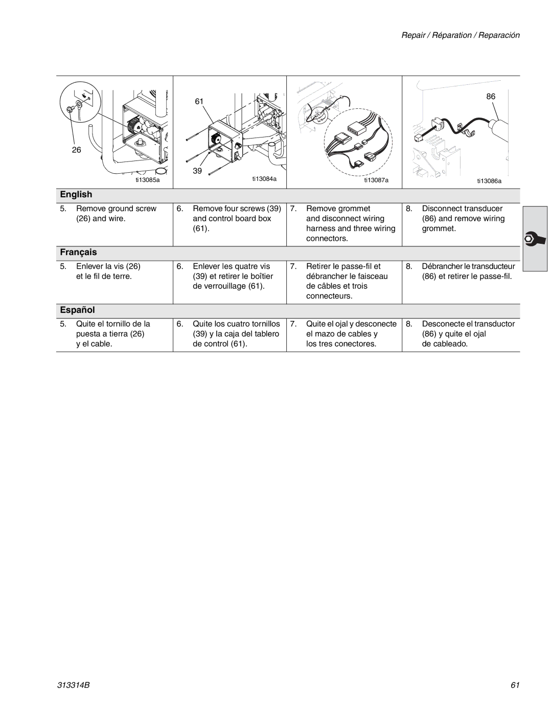 Graco Inc 300E, 313314B Connectors, Disconnect transducer 86 and remove wiring grommet, Quite el ojal y desconecte 