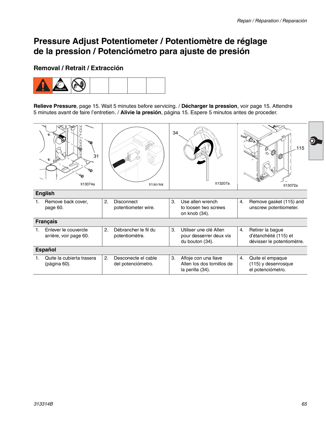 Graco Inc 300E, 313314B important safety instructions 115, Quite la cubierta trasera página 