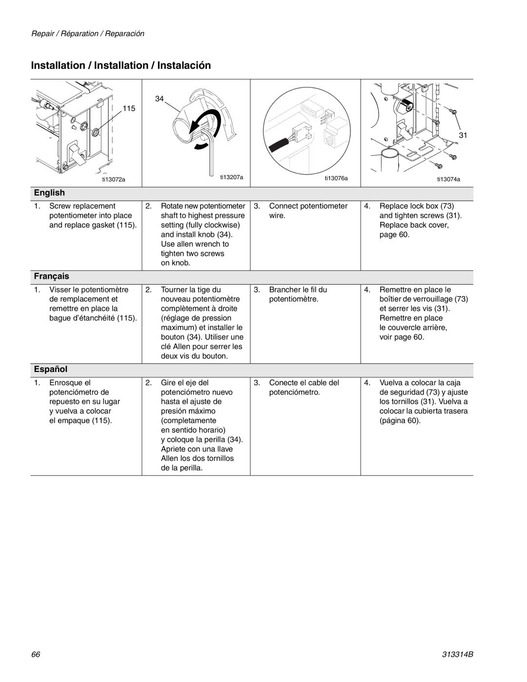 Graco Inc 313314B, 300E important safety instructions Installation / Installation / Instalación, Rotate new potentiometer 