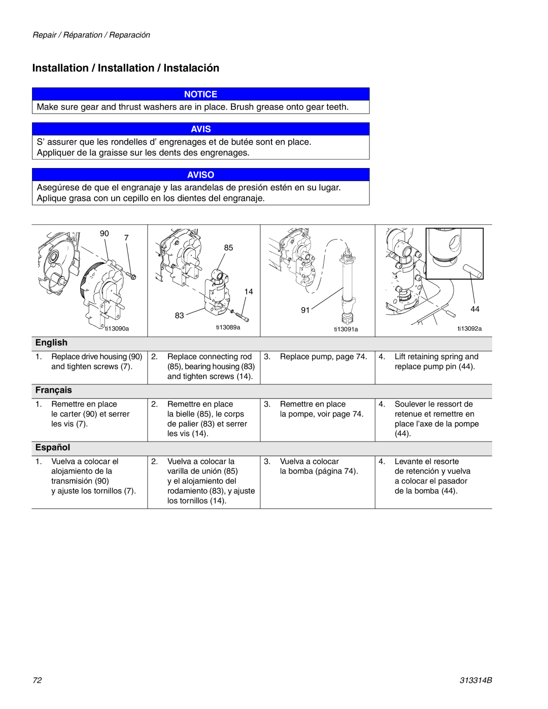 Graco Inc 313314B Installation / Installation / Instalación, Replace pump, Lift retaining spring and replace pump pin 