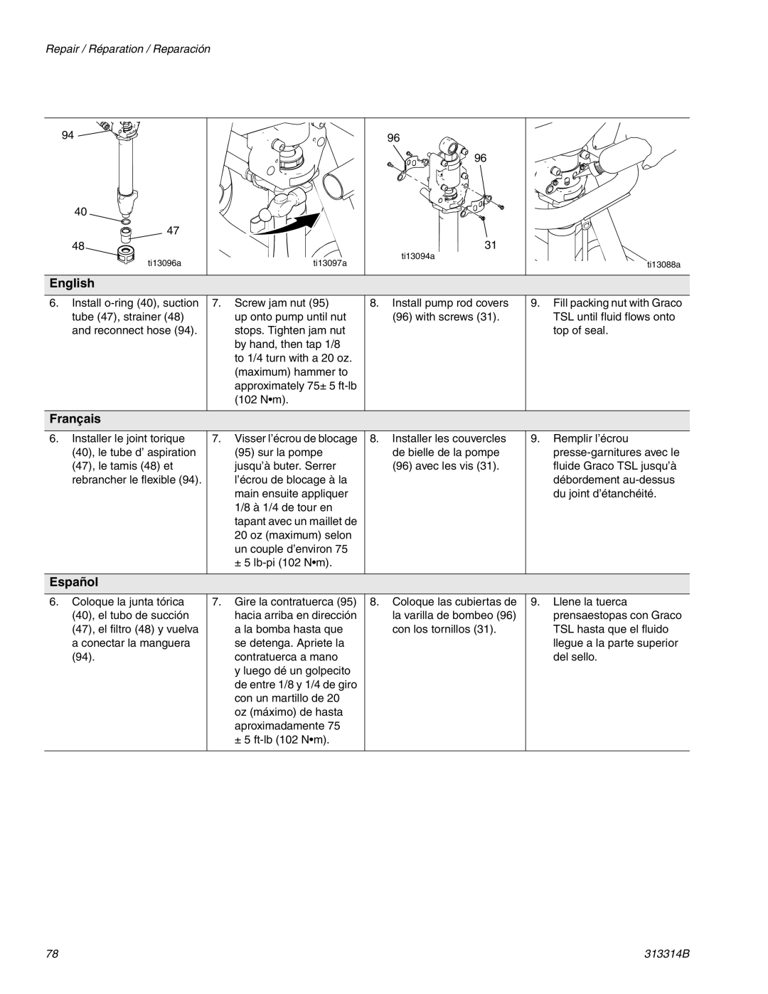 Graco Inc 313314B, 300E important safety instructions Visser l’écrou de blocage, ± 5 lb-pi 102 Nm 