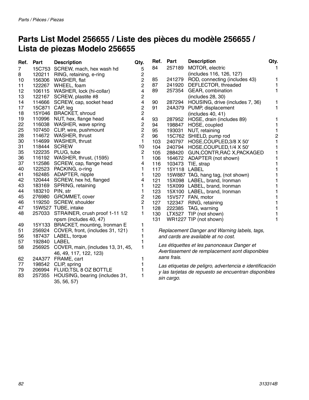 Graco Inc 313314B, 300E important safety instructions Ref. Part Description, Part Description Qty 