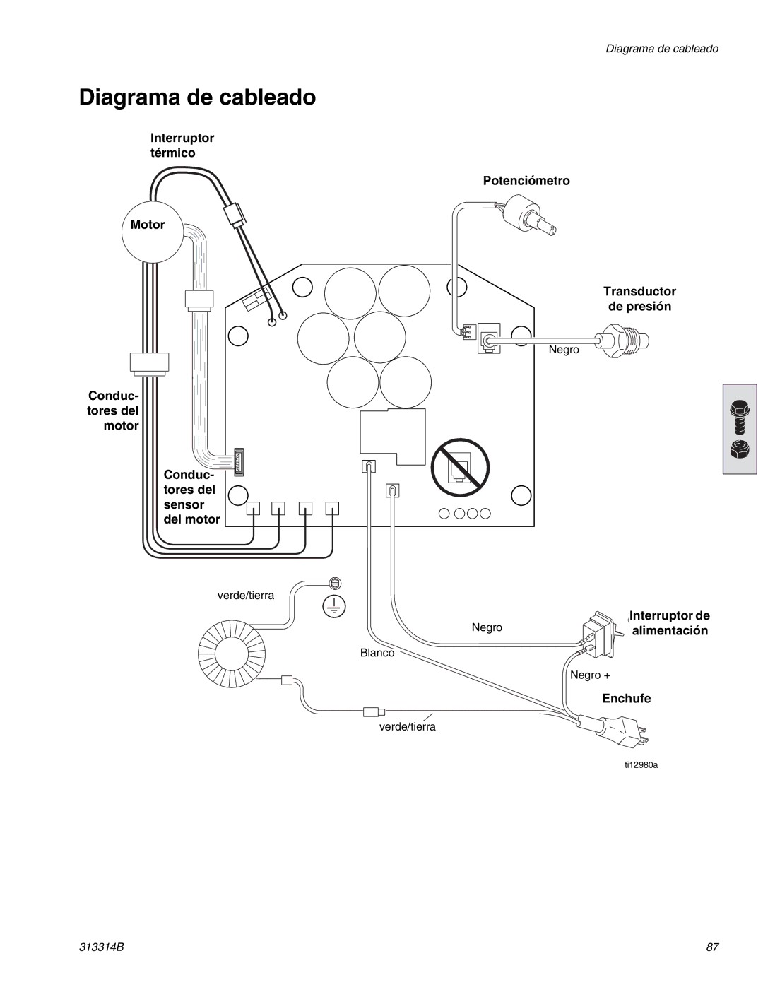 Graco Inc 300E, 313314B Diagrama de cableado, Interruptor Thermal Térmico Switch Potenciómetro, Motor, Transductor 