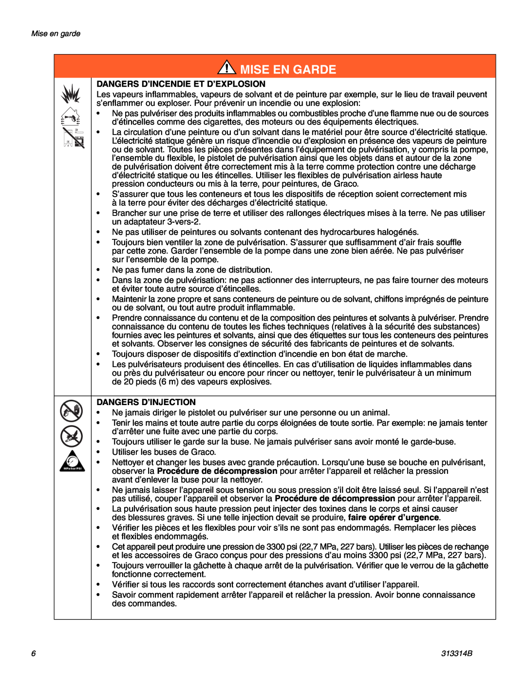 Graco Inc 313314B, 300E important safety instructions Dangers D’Incendie Et D’Explosion, Dangers D’Injection, Mise En Garde 