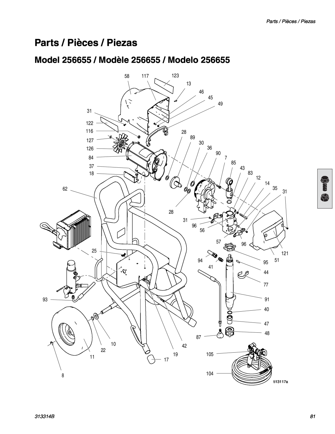 Graco Inc 300E Parts / Pièces / Piezas, Model 256655 / Modèle 256655 / Modelo, 313314B, ti13117a 